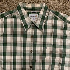 Carhartt Button Up Work Shirt Large Short Sleeve Green Plaid Pocket Logo Men’s